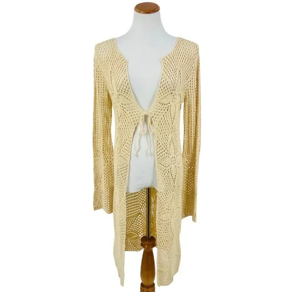 Vintage 90s Crochet Tie Front Duster Cardigan| Boho Coastal Cowgirl Cottagecore - Picture 2 of 16